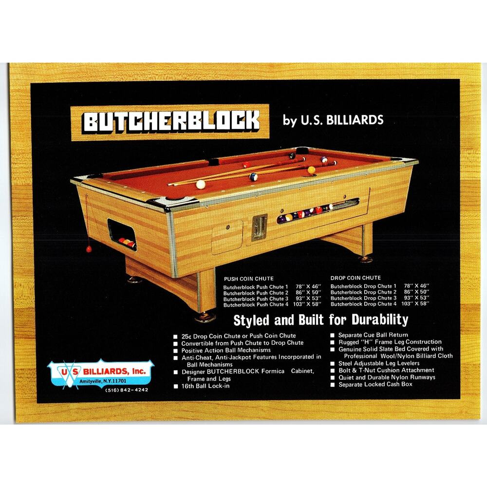 Vintage 1960s U.S. Billiards Butcherblock Pool Table Flyer Amityville NY